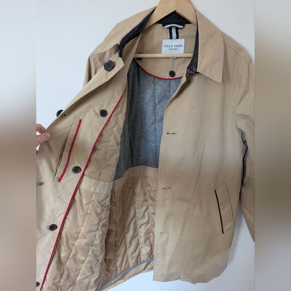 Cole Haan Rain Car Trench Coat Tan Brown Leather Trim Men's M Medium - Picture 10 of 13
